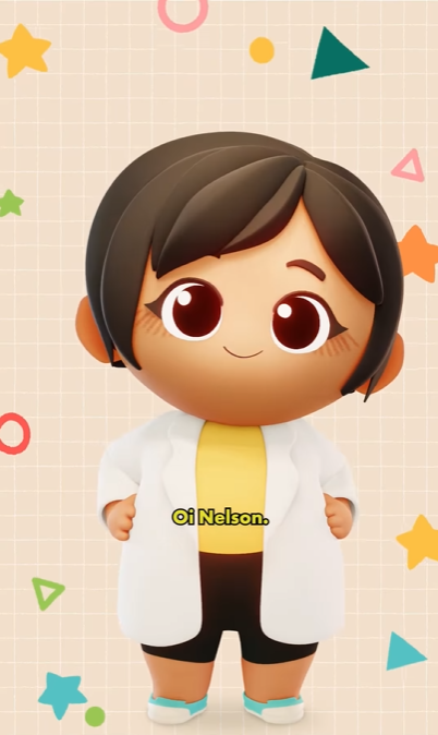 Imagem de Bubu, mascote do Instituto Butantan, uma cientista de pele clara, cabelos lisos escuros, que usa jaleco e sorri.