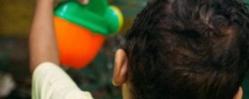 Imagem com mm menino de costas, que rega plantas com um regador de plástico laranja